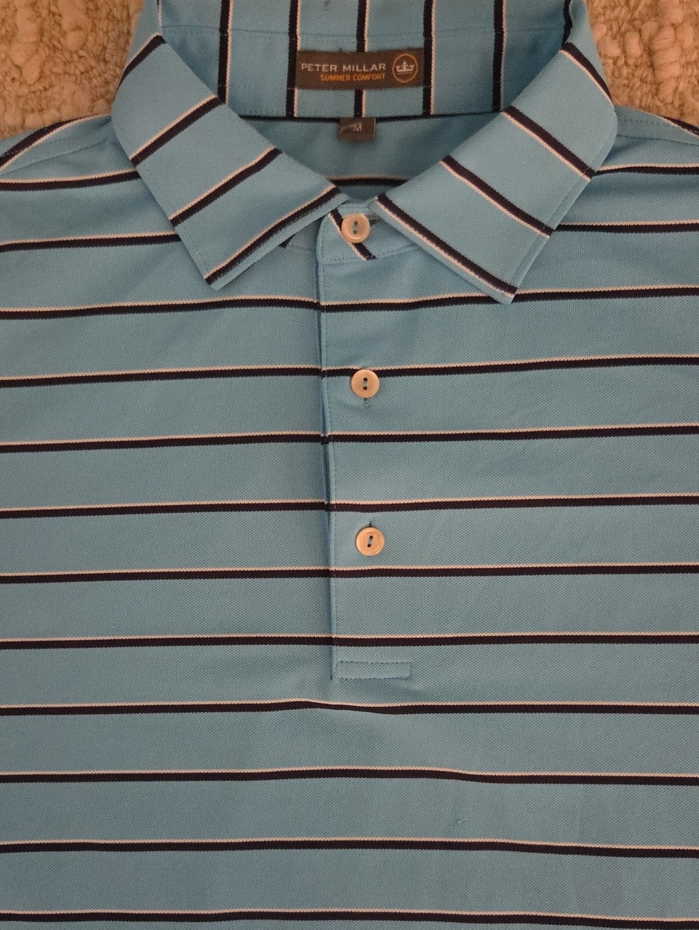 Peter Millar Men's M Light Blue Striped Summer Comfort Performance Golf Polo